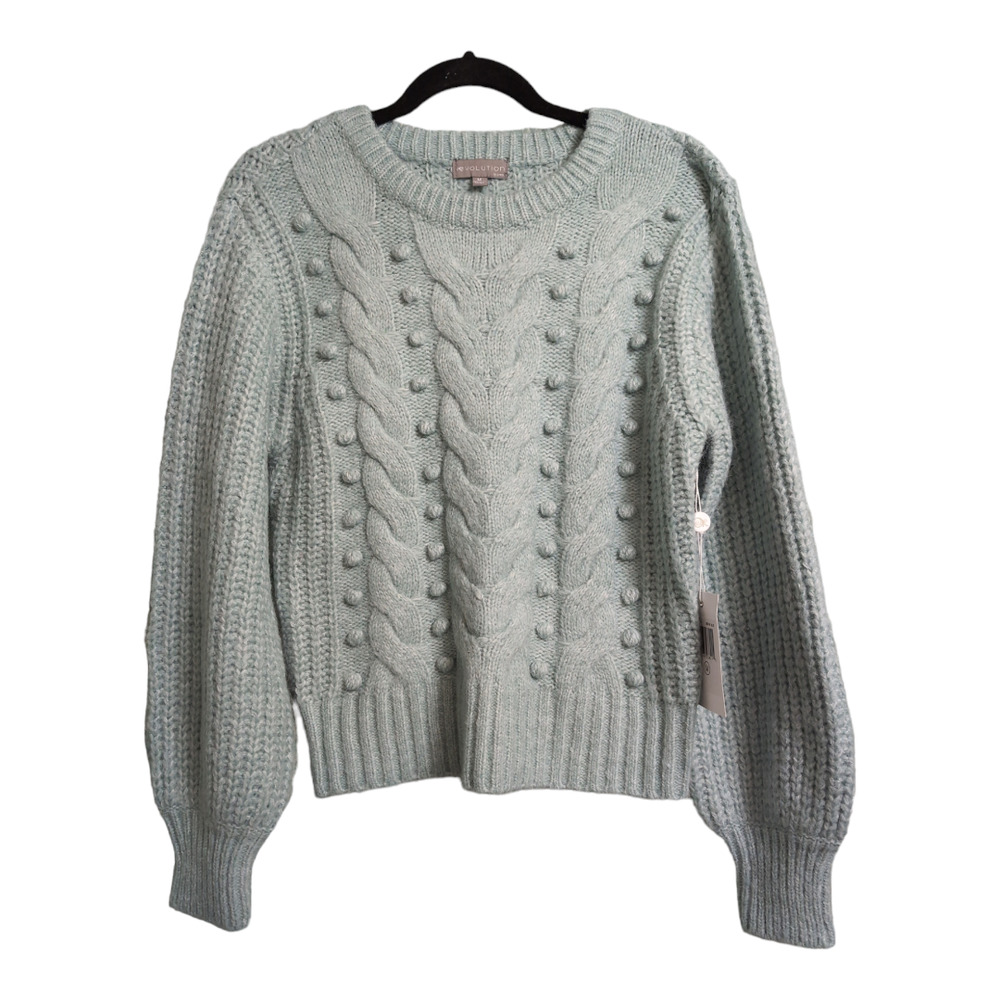 Evolution by Cyrus Cable Knit Balloon Sleeve Pullover Sweater Brgtn Blue M New